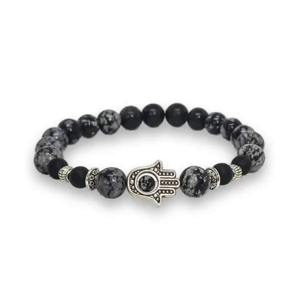 Apyrankė su sidabro spalvos Hamsa ranka ir obsidiano akmenukais
